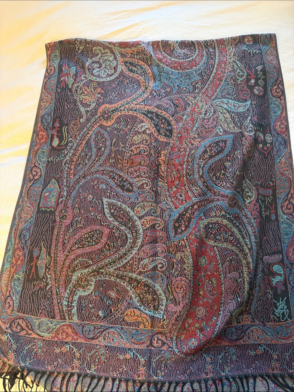pashmina Multicolor Paisley Wrap with Teal, Red, Black and Gold Accents